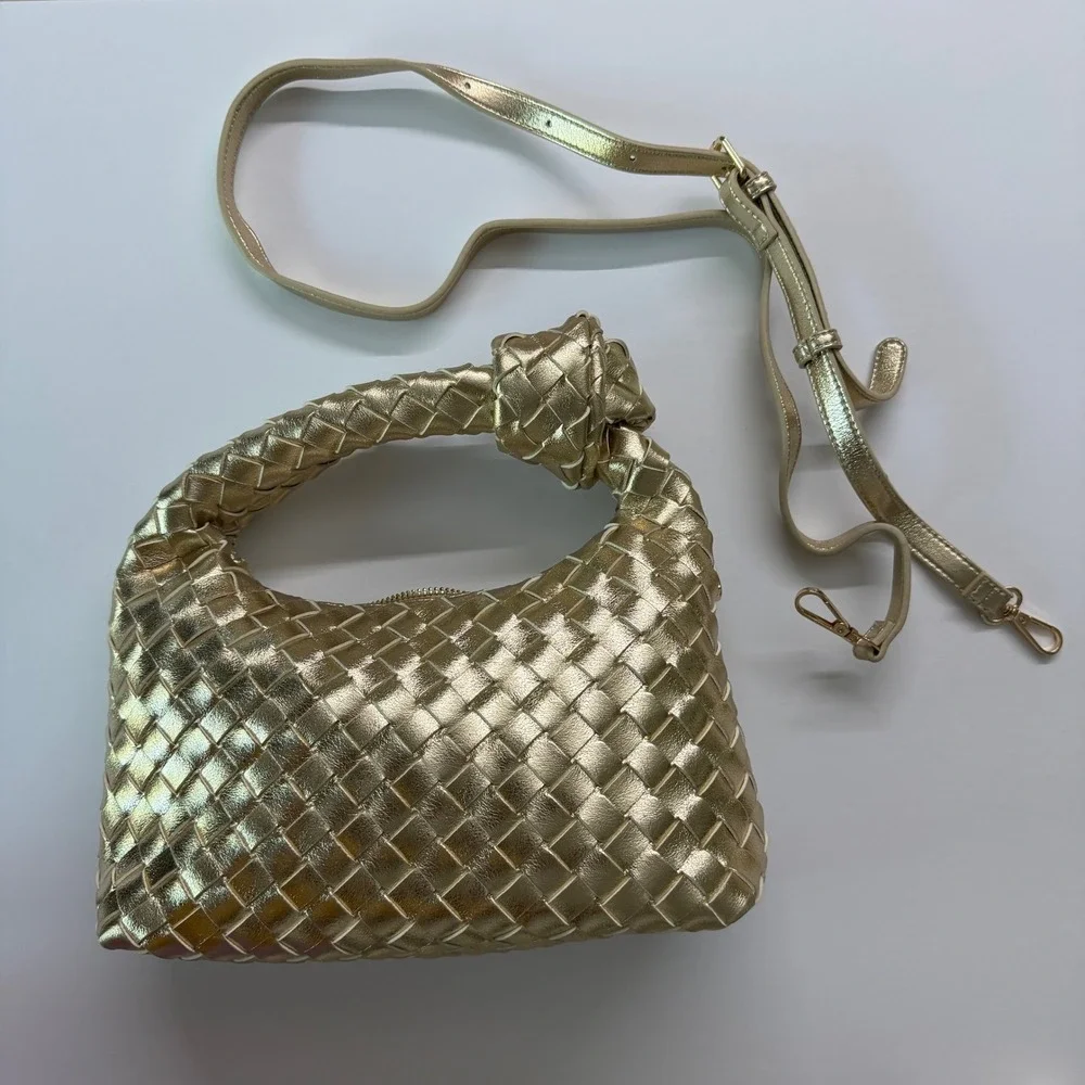 Gold Woven Knotted Handle Crossbody Bag Metallic Hobo Handbag